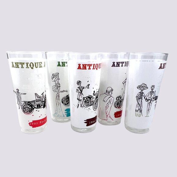 Vintage Antique Auto Themed Drinking Glasses by Anchor Hocking Set Of 5 EUC - Picture 2 of 11
